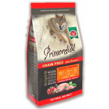 Primordial Pienso Sin Cereales Para Perros Adultos Mini Con Pato Y Codorniz